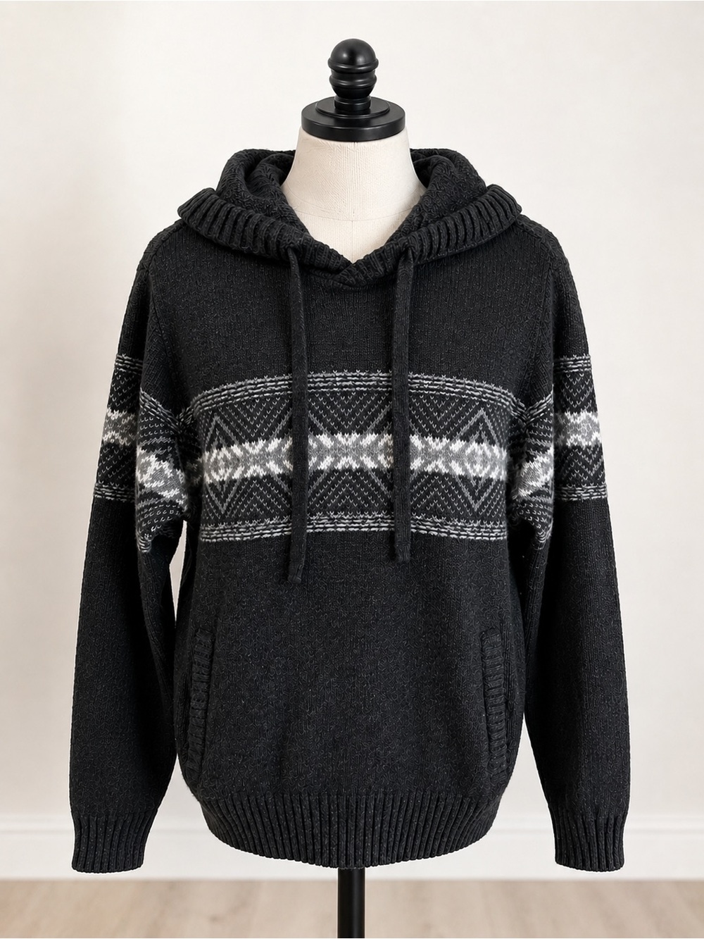 Vintage American Eagle Mens Large Hooded Sweater Gray Fair Isle Knit Pullover